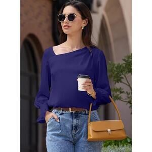 EVALESS Blouses for Women Dressy Casual Pleated Long Sleeve Tops Asymmetrical